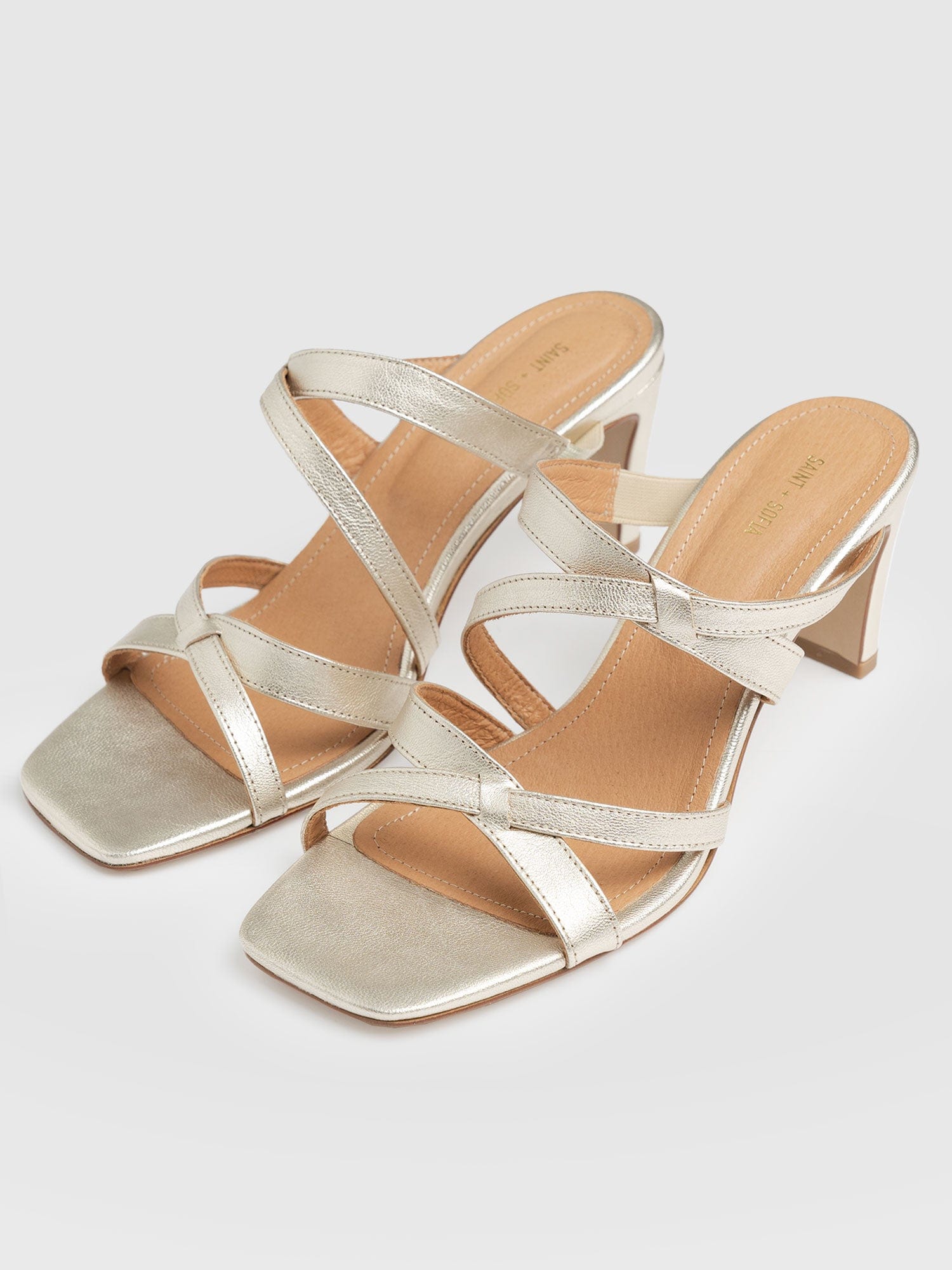 Sara Cross Over Heeled Mules Gold - Women's Leather Boots | Saint + Sofia® USA
